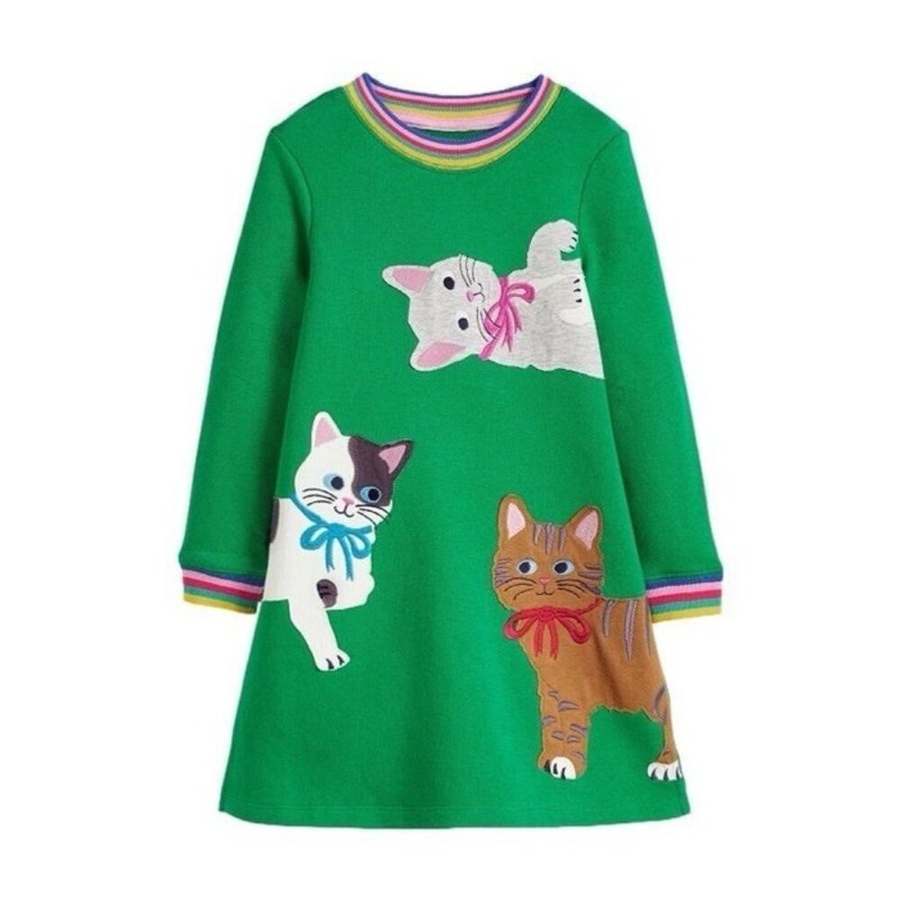 Kid Girl Cats Kitten Design Cotton Green Long Sleeve Dress Girls 7 Colorful